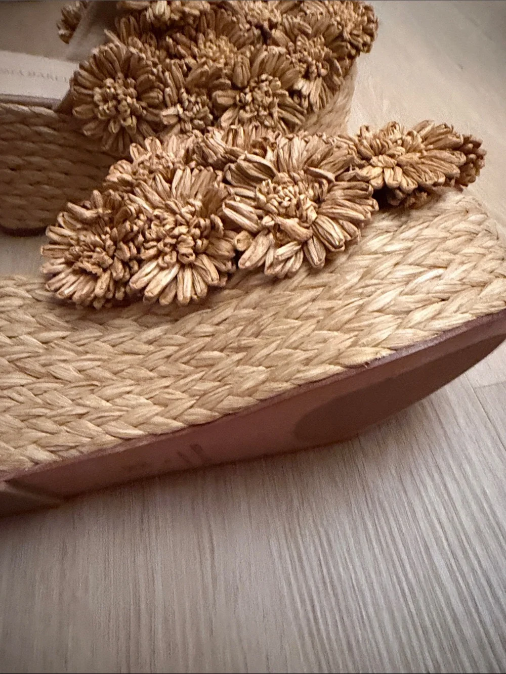Paloma Barceló Natural Raffia Wedge Slides with Pom-Pom Detail